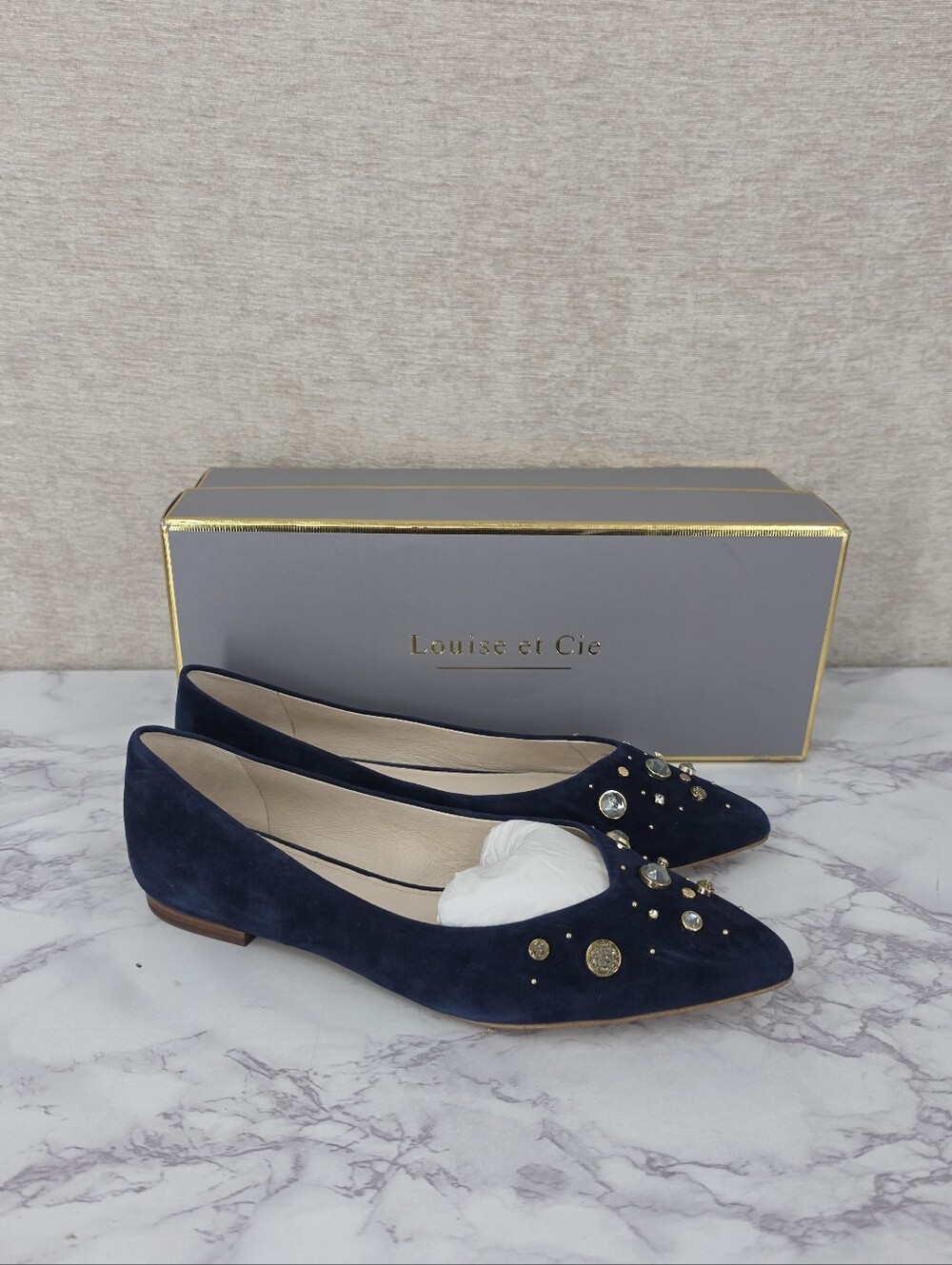 Louise Et Cie Navy Suede Leather Embellished Pointed Toe Flats